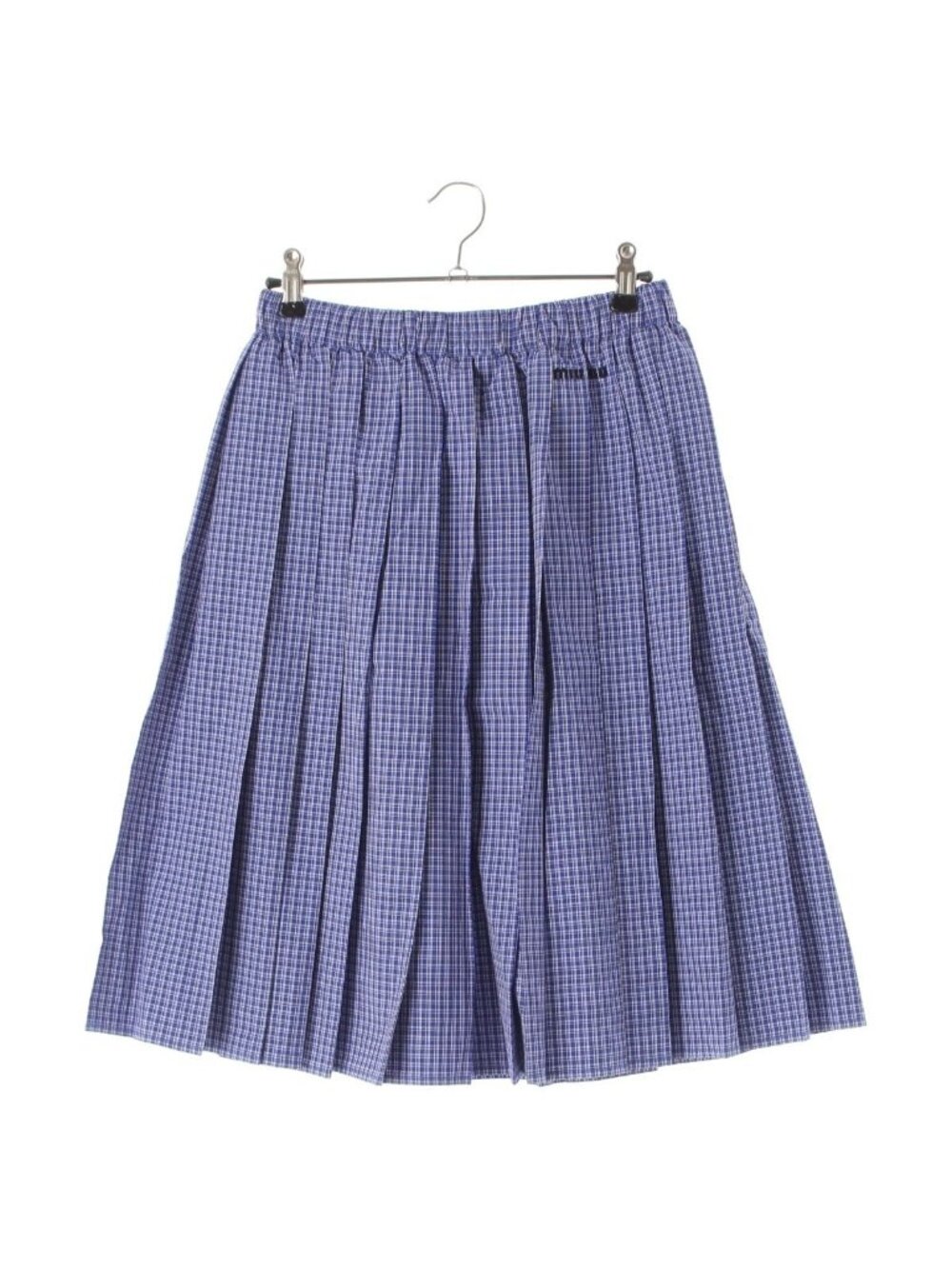 Miu Miu Cotton Check Pleated Midi Elastic Waist Skirt Blue White